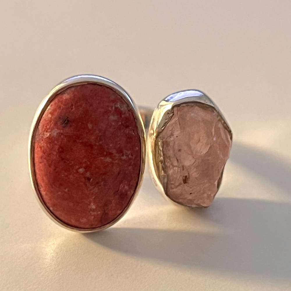 925 Sterling Silver Rose Quartz & Thulite Gemstone, Ring Size 7